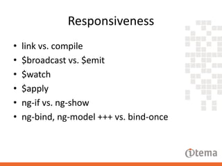 Responsiveness
•
•
•
•
•
•

link vs. compile
$broadcast vs. $emit
$watch
$apply
ng-if vs. ng-show
ng-bind, ng-model +++ vs. bind-once

 