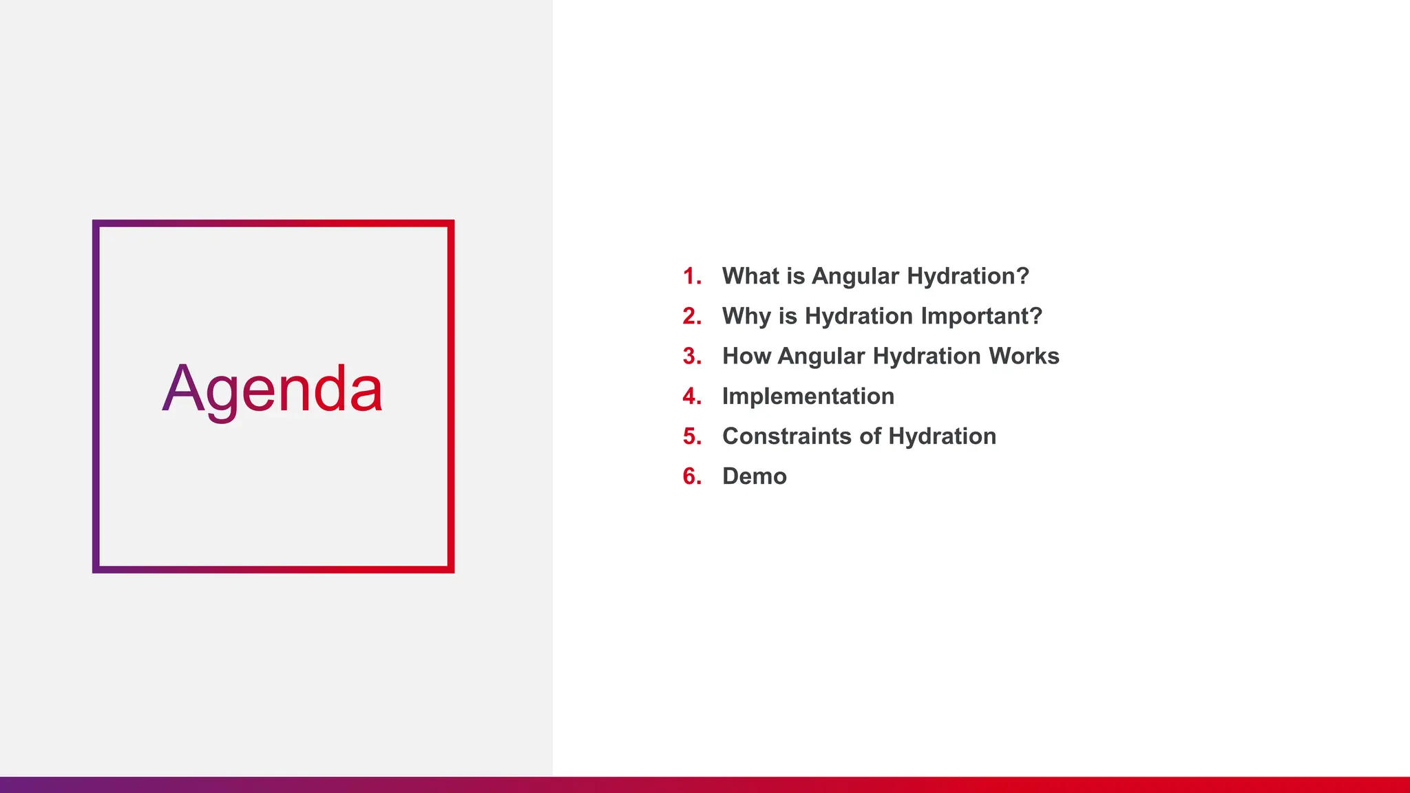 1. What is Angular Hydration? 2. Why is Hydration Important? 3. How Angular Hydration Works 4. Implementation 5. Constraints of Hydration 6. Demo 