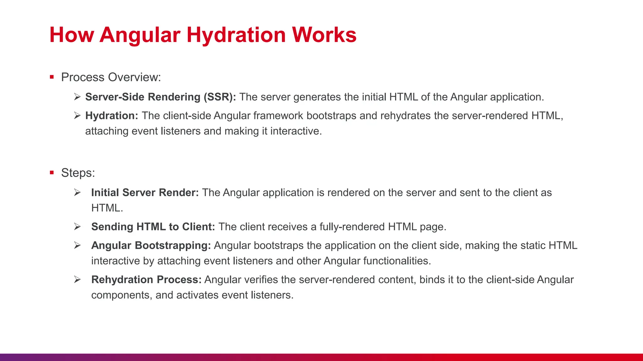 How Angular Hydration Works  Process Overview:  Server-Side Rendering (SSR): The server generates the initial HTML of the Angular application.  Hydration: The client-side Angular framework bootstraps and rehydrates the server-rendered HTML, attaching event listeners and making it interactive.  Steps:  Initial Server Render: The Angular application is rendered on the server and sent to the client as HTML.  Sending HTML to Client: The client receives a fully-rendered HTML page.  Angular Bootstrapping: Angular bootstraps the application on the client side, making the static HTML interactive by attaching event listeners and other Angular functionalities.  Rehydration Process: Angular verifies the server-rendered content, binds it to the client-side Angular components, and activates event listeners. 
