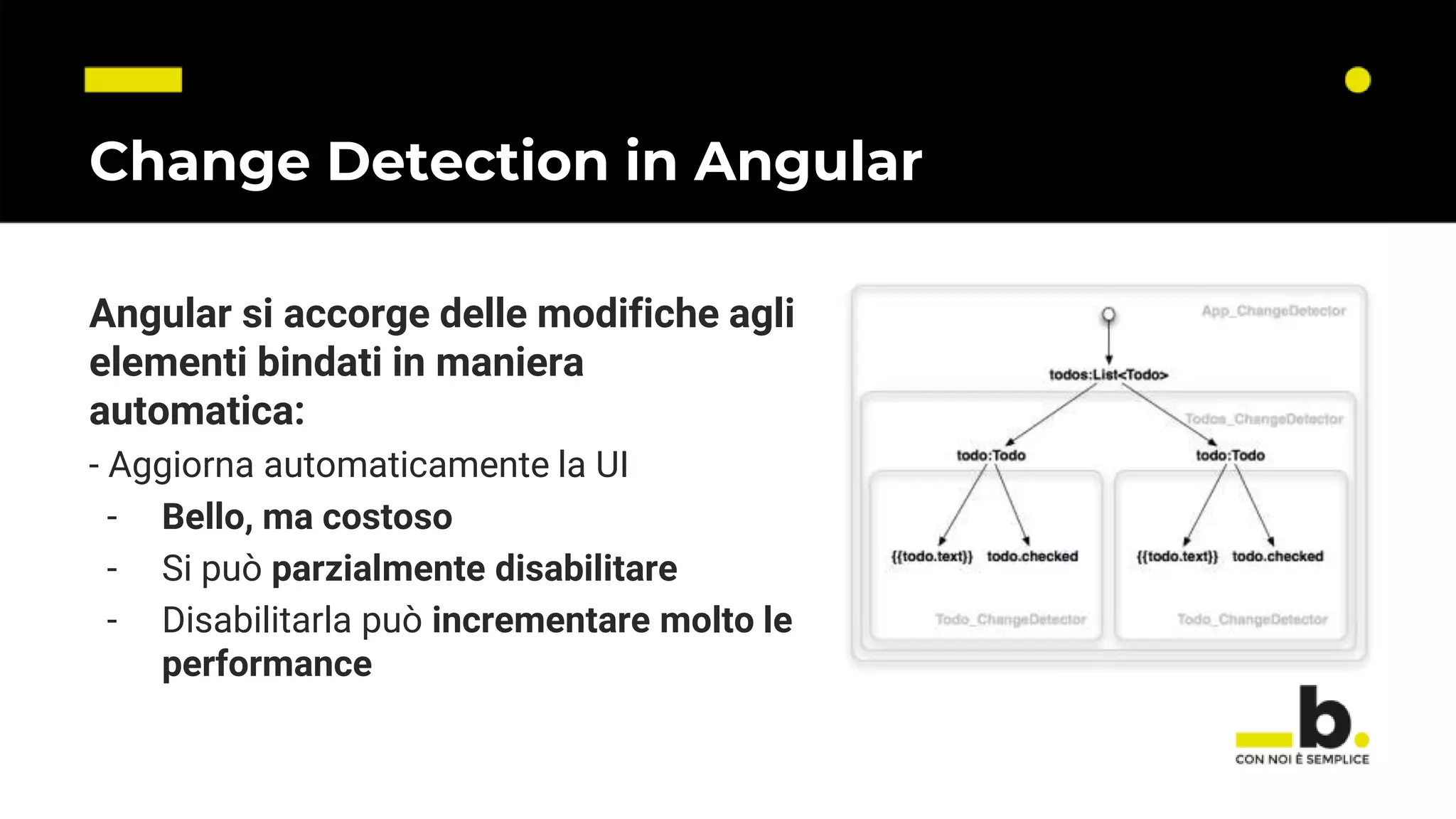 Change Detection in Angular Angular si accorge delle modifiche agli elementi bindati in maniera automatica: - Aggiorna automaticamente la UI - Bello, ma costoso - Si può parzialmente disabilitare - Disabilitarla può incrementare molto le performance 