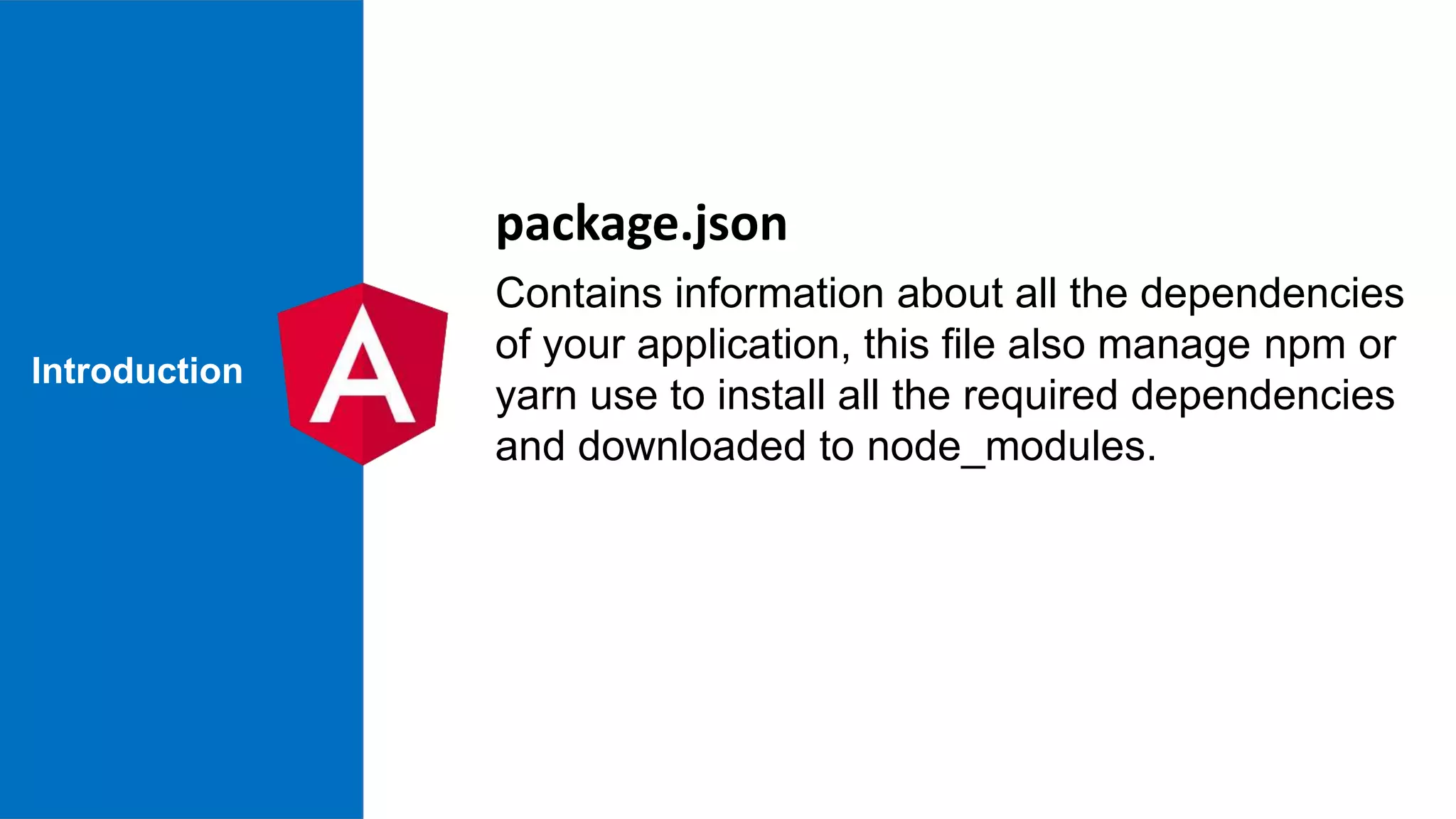 Introduction package.json Contains information about all the dependencies of your application, this file also manage npm or yarn use to install all the required dependencies and downloaded to node_modules. 