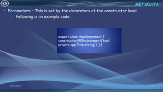 export class AppComponent {
constructor(@Environment(‘test’
private appTitle:string) { } }
12/01/2017 25
• Parameters − This is set by the decorators at the constructor level.
Following is an example code.
METADATA
 