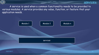 12/01/2017 26
A service is used when a common functionality needs to be provided to
various modules. A service provides any value, function, or feature that your
application needs.
SERVICES
Module 1 Module 2 Module n
services
 