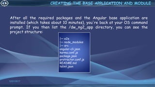 After all the required packages and the Angular base application are
installed (which takes about 10 minutes), you're back at your OS command
prompt. If you then list the /dw_ng2_app directory, you can see the
project structure:
12/01/2017 47
CREATING THE BASE APPLICATION AND MODULE
|— e2e
|— node_modules
|— src
angular-cli.json
karma.conf.js
package.json
protractor.conf.js
README.md
tslint.json
 