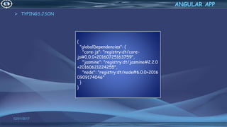 TYPINGS.JSON
12/01/2017 57
ANGULAR APP
{
"globalDependencies": {
"core-js": "registry:dt/core-
js#0.0.0+20160725163759",
"jasmine": "registry:dt/jasmine#2.2.0
+20160621224255",
"node": "registry:dt/node#6.0.0+2016
0909174046"
}
}
 