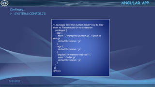 Continued…
 SYSTEMS.CONFIG.JS
12/01/2017 59
ANGULAR APP
// packages tells the System loader how to load
when no filename and/or no extension
packages: {
app: {
main: './transpiled-js/main.js', //path to
main.js
defaultExtension: 'js'
},
rxjs: {
defaultExtension: 'js'
},
'angular2-in-memory-web-api': {
main: './index.js',
defaultExtension: 'js'
}
}
});
})(this);
 