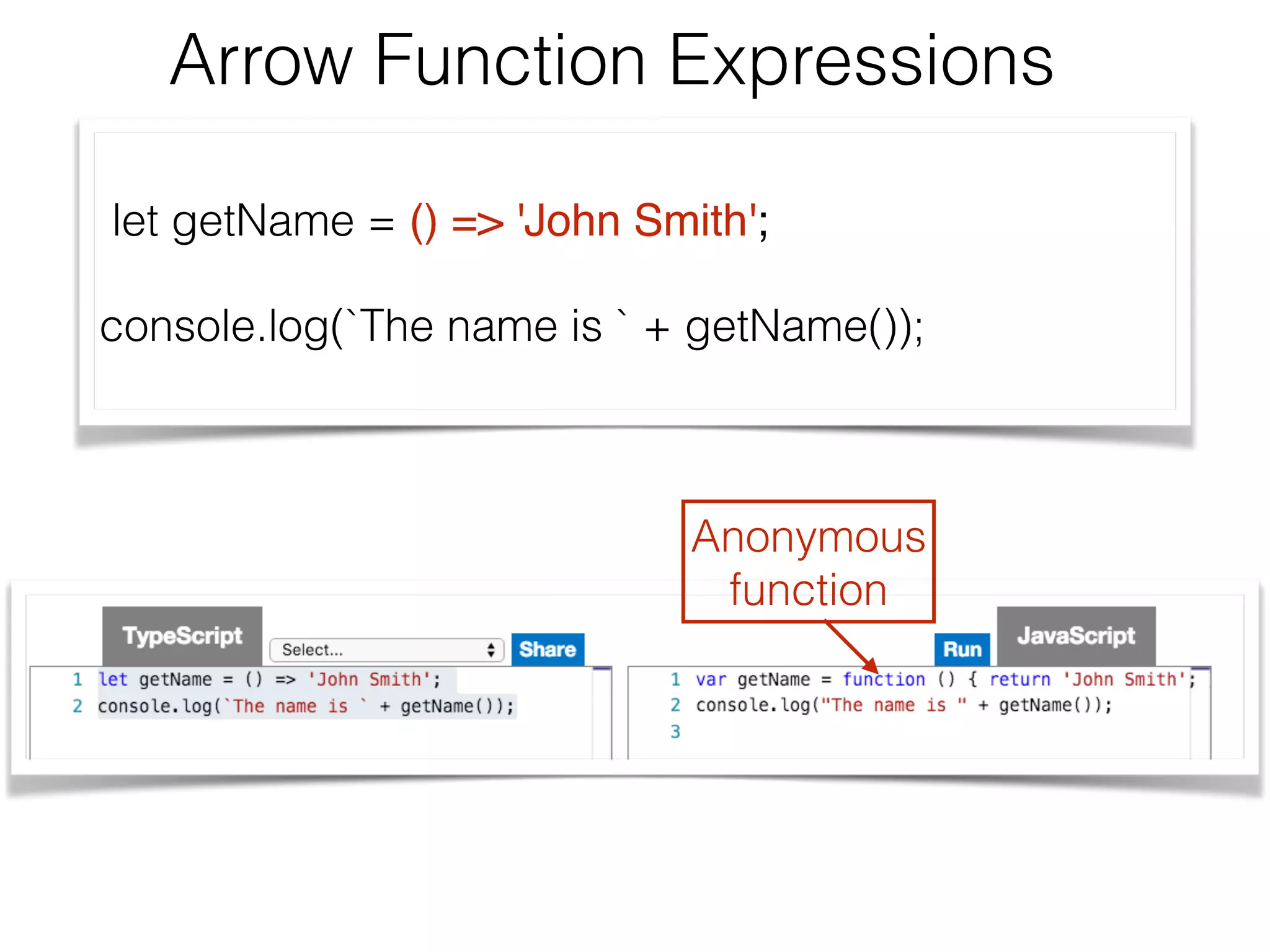 Arrow Function Expressions
let getName = () => 'John Smith';
console.log(`The name is ` + getName());
Anonymous 
function
 