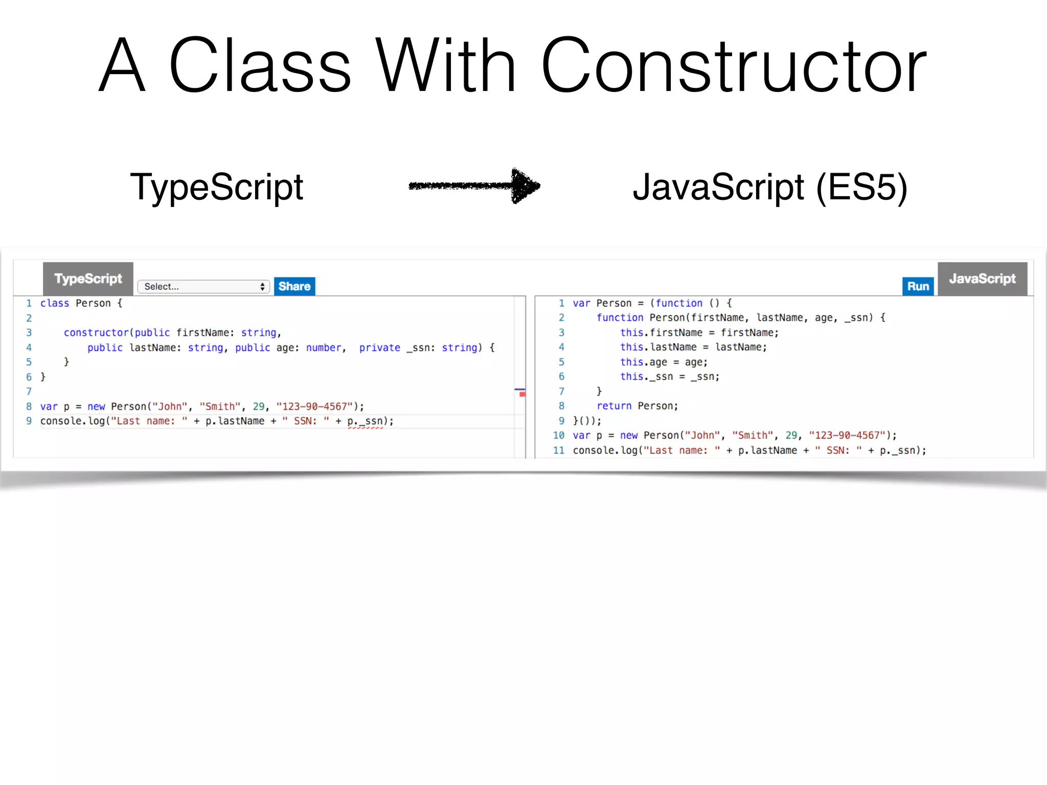 A Class With Constructor
TypeScript JavaScript (ES5)
 