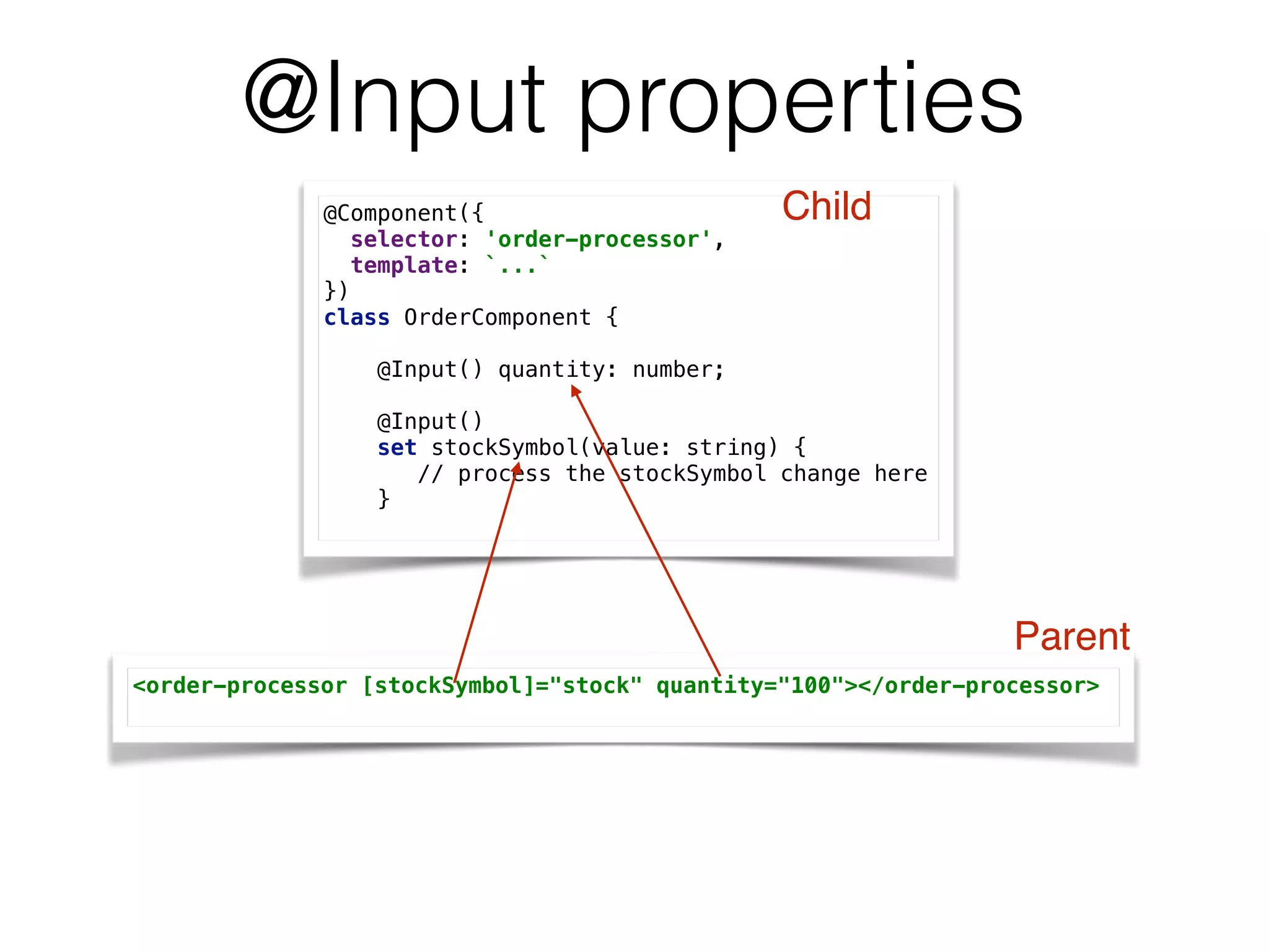 @Input properties
@Component({ 
selector: 'order-processor', 
template: `...` 
})
class OrderComponent { 
 
@Input() quantity: number; 
 
@Input() 
set stockSymbol(value: string) { 
// process the stockSymbol change here 
} 
<order-processor [stockSymbol]="stock" quantity="100"></order-processor>
Child
Parent
 