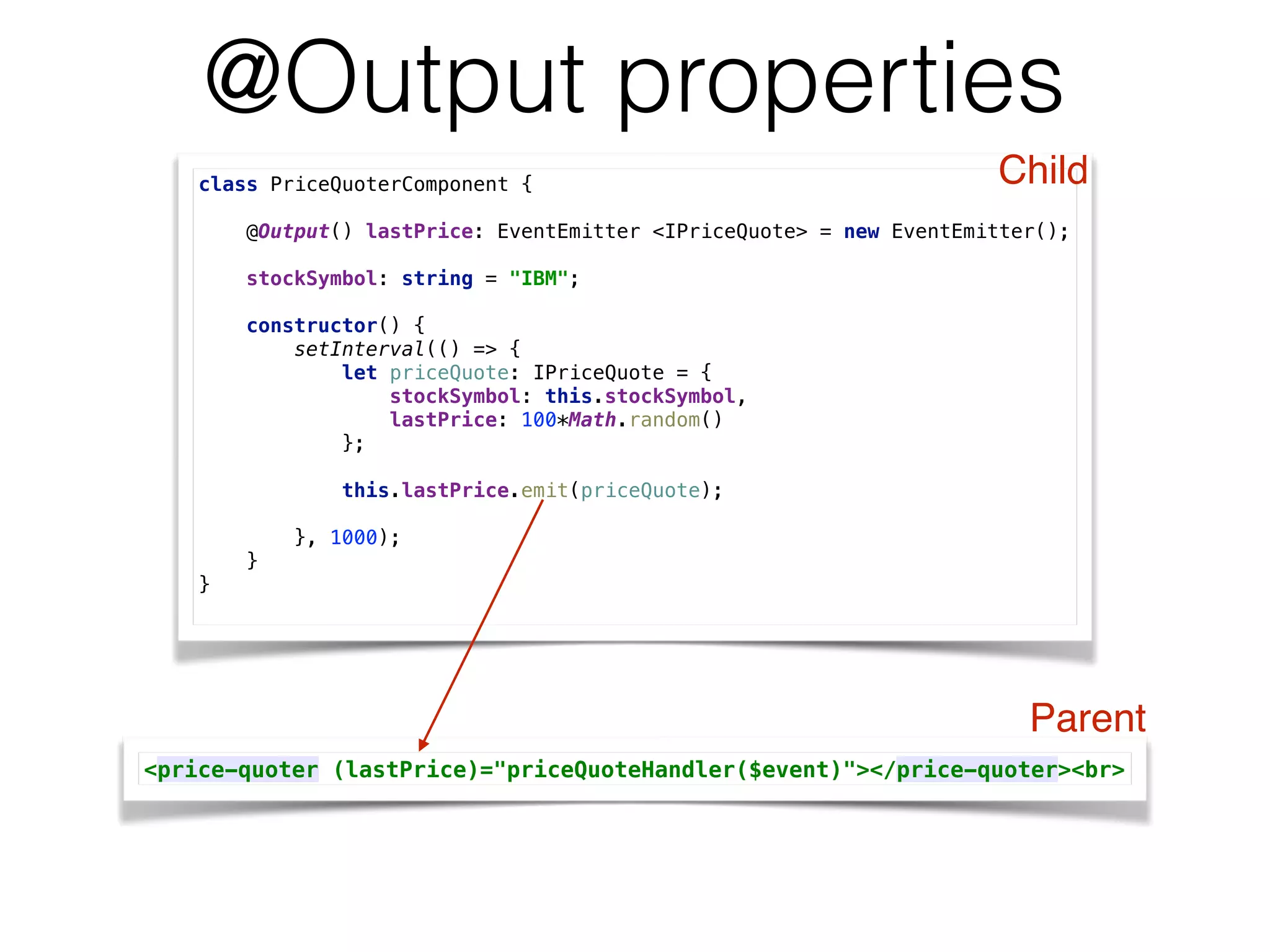 @Output properties
class PriceQuoterComponent { 
 
@Output() lastPrice: EventEmitter <IPriceQuote> = new EventEmitter(); 
 
stockSymbol: string = "IBM"; 
 
constructor() { 
setInterval(() => { 
let priceQuote: IPriceQuote = { 
stockSymbol: this.stockSymbol, 
lastPrice: 100*Math.random() 
}; 
 
this.lastPrice.emit(priceQuote); 
 
}, 1000); 
} 
}
<price-quoter (lastPrice)="priceQuoteHandler($event)"></price-quoter><br>
Child
Parent
 