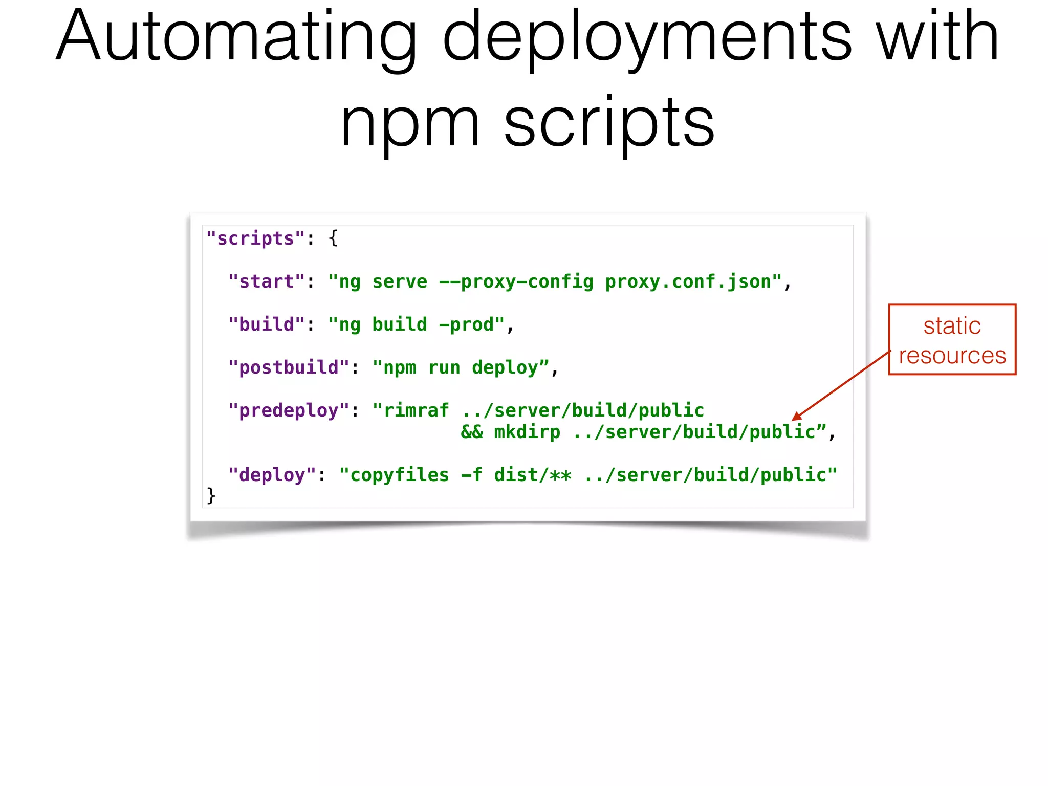 "scripts": { 
 
"start": "ng serve --proxy-config proxy.conf.json", 
 
"build": "ng build -prod", 
 
"postbuild": "npm run deploy”,
 
"predeploy": "rimraf ../server/build/public
&& mkdirp ../server/build/public”,
 
"deploy": "copyfiles -f dist/** ../server/build/public" 
}
Automating deployments with
npm scripts
static 
resources
 