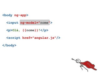 <body ng-app>

  <input ng-model="nome">

  <p>Olá, {{nome}}!</p>

  <script href="angular.js"/>

</body>
 