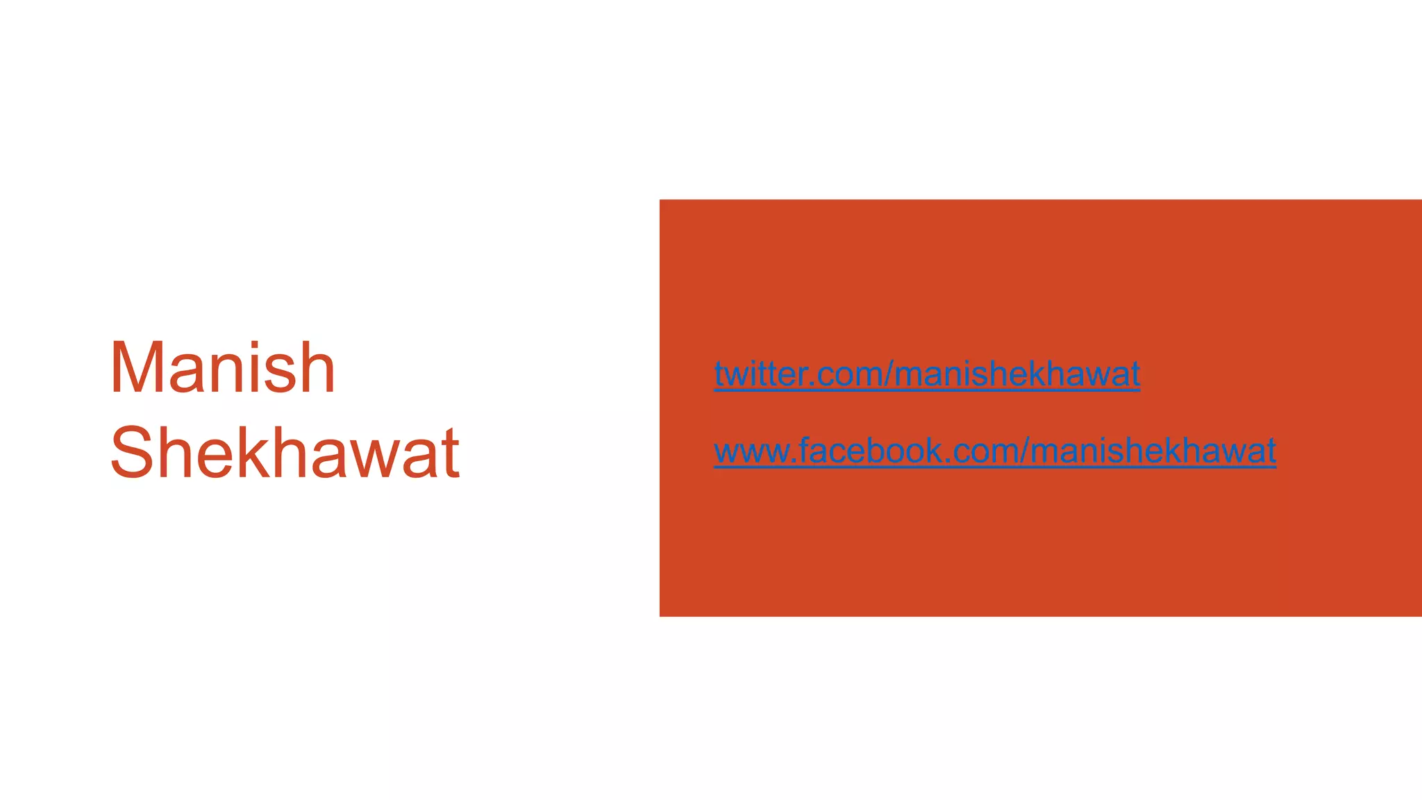 Manish
Shekhawat
twitter.com/manishekhawat
www.facebook.com/manishekhawat
 