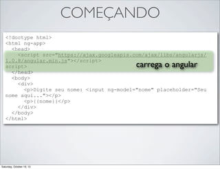 COMEÇANDO
<!doctype html>
<html ng-app>
<head>
<script src="https://ajax.googleapis.com/ajax/libs/angularjs/
1.0.8/angular.min.js"></script>
script>
</head>
<body>
<div>
<p>Digite seu nome: <input ng-model="nome" placeholder="Seu
nome aqui..."></p>
<p>{{nome}}</p>
</div>
</body>
</html>

carrega o angular

Saturday, October 19, 13

 