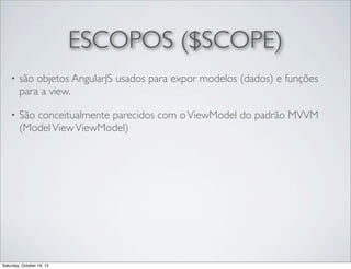 ESCOPOS ($SCOPE)
•

são objetos AngularJS usados para expor modelos (dados) e funções
para a view.

•

São conceitualmente parecidos com o ViewModel do padrão MVVM
(Model View ViewModel)

Saturday, October 19, 13

 