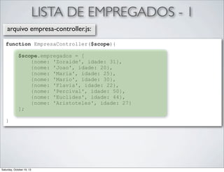 LISTA DE EMPREGADOS - 1
arquivo empresa-controller.js:
function EmpresaController($scope){
$scope.empregados = [
{nome: 'Zoraide', idade: 31},
{nome: 'Joao', idade: 20},
{nome: 'Maria', idade: 25},
{nome: 'Mario', idade: 30},
{nome: 'Flavia', idade: 22},
{nome: 'Percival', idade: 50},
{nome: 'Euclides', idade: 44},
{nome: 'Aristoteles', idade: 27}
];
}

Saturday, October 19, 13

 