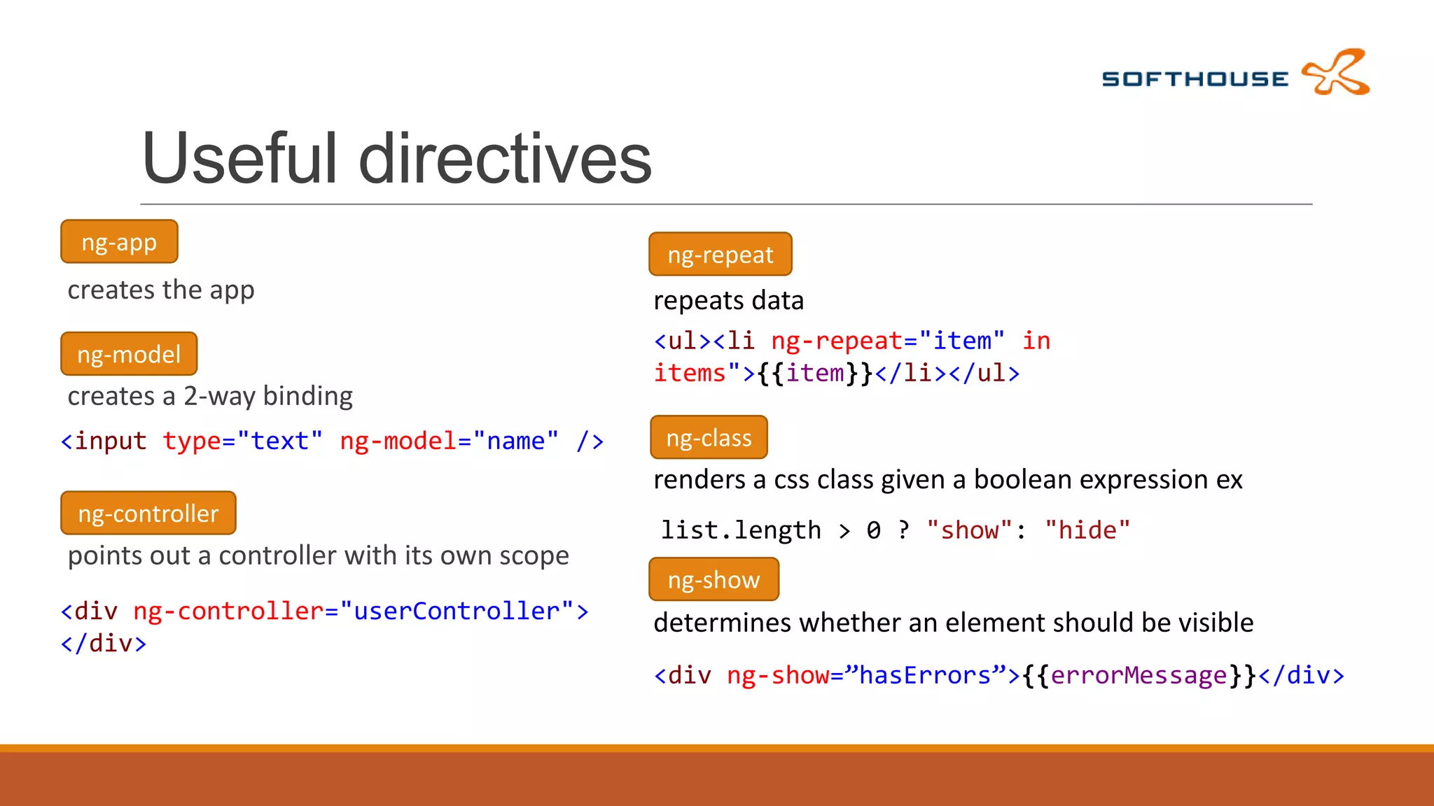 Useful directives
ng-app

creates the app
ng-model

creates a 2-way binding
<input type="text" ng-model="name" />

ng-repeat

repeats data
<ul><li ng-repeat="item" in
items">{{item}}</li></ul>
ng-class

renders a css class given a boolean expression ex
ng-controller

points out a controller with its own scope
<div ng-controller="userController">
</div>

list.length > 0 ? "show": "hide"
ng-show

determines whether an element should be visible
<div ng-show=”hasErrors”>{{errorMessage}}</div>

 