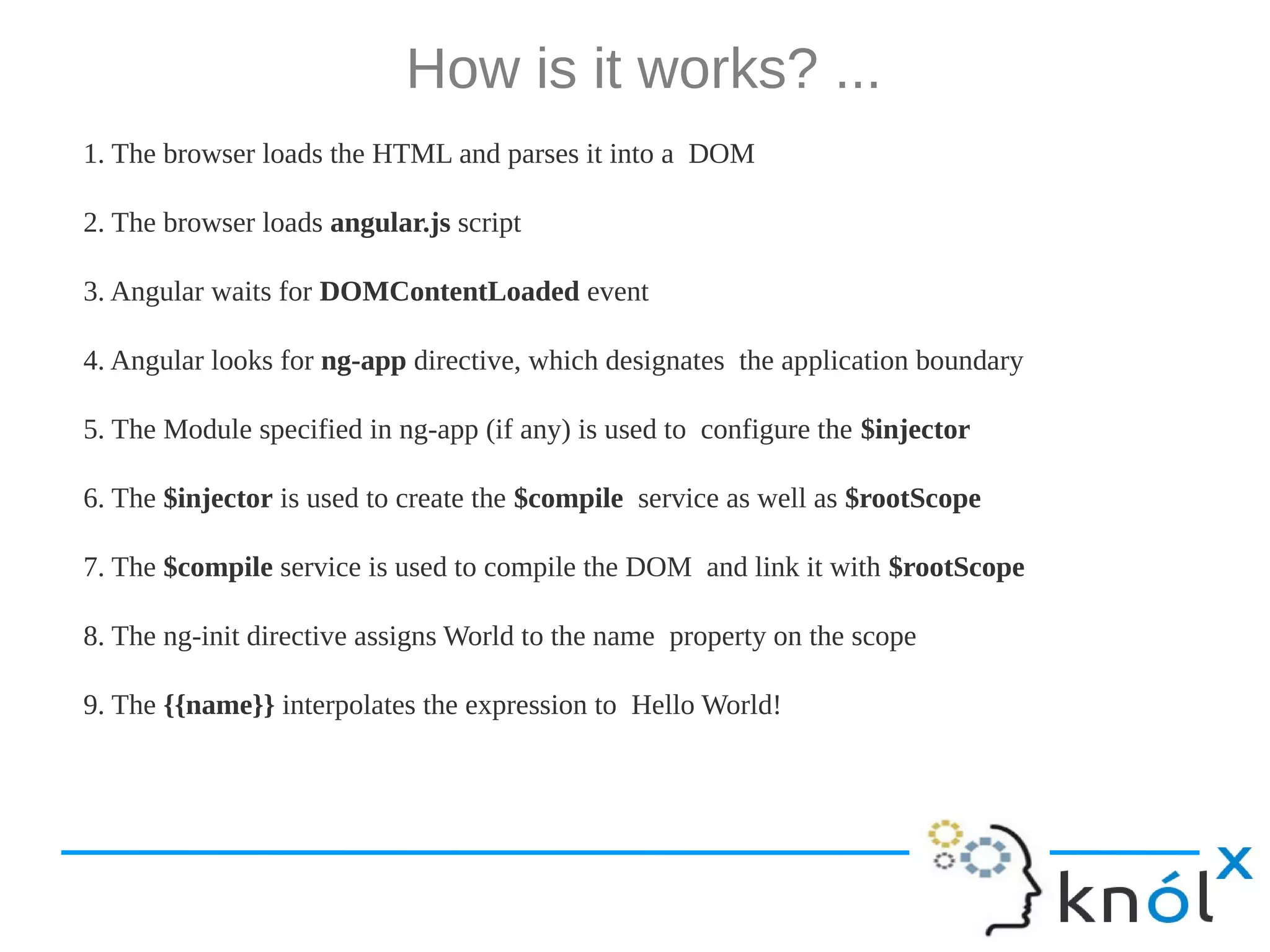 How it works? ... 1. The browser loads the HTML and parses it into a DOM 2. The browser loads angular.js script 3. Angular waits for DOMContentLoaded event 4. Angular looks for ng-app directive, which designates the application boundary 5. The Module specified in ng-app (if any) is used to configure the $injector 6. The $injector is used to create the $compile service as well as $rootScope 7. The $compile service is used to compile the DOM and link it with $rootScope 8. The ng-init directive assigns World to the name property on the scope 9. The {{name}} interpolates the expression to Hello World! 
