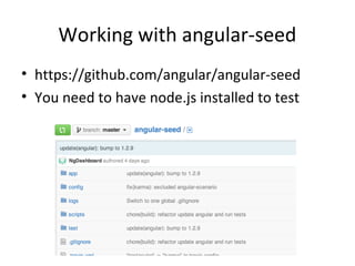Working with angular-seed
• https://github.com/angular/angular-seed
• You need to have node.js installed to test

 