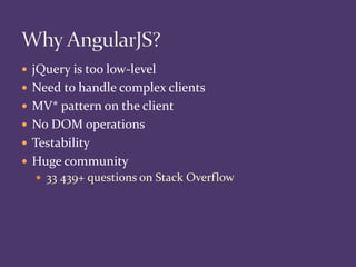  jQuery is too low-level
 Need to handle complex clients
 MV* pattern on the client
 No DOM operations
 Testability
 Huge community
 33 439+ questions on Stack Overflow
 