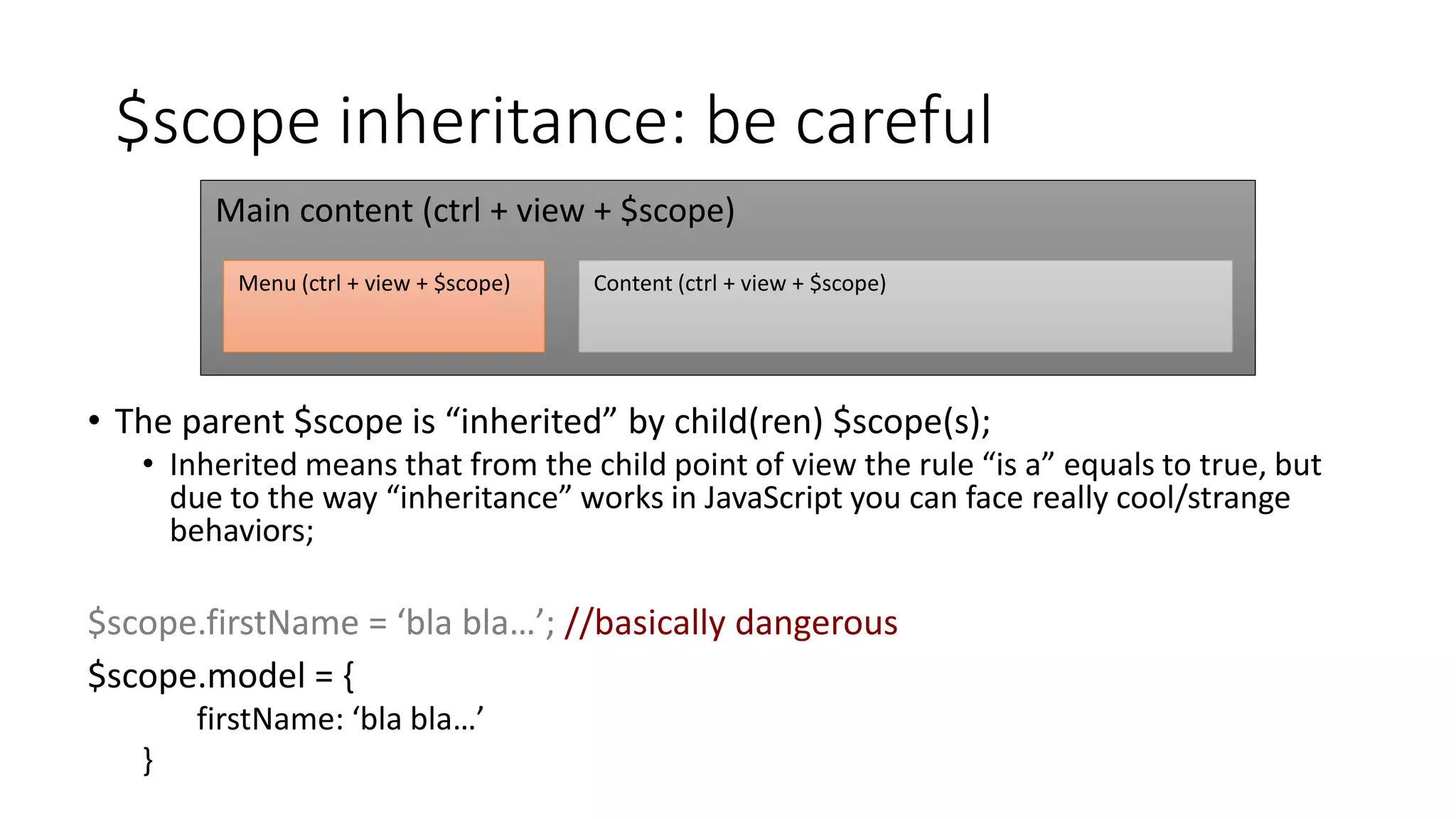 $scope inheritance: be careful • The parent $scope is “inherited” by child(ren) $scope(s); • Inherited means that from the child point of view the rule “is a” equals to true, but due to the way “inheritance” works in JavaScript you can face really cool/strange behaviors; $scope.firstName = ‘bla bla…’; //basically dangerous $scope.model = { firstName: ‘bla bla…’ } Main content (ctrl + view + $scope) Content (ctrl + view + $scope)Menu (ctrl + view + $scope) 