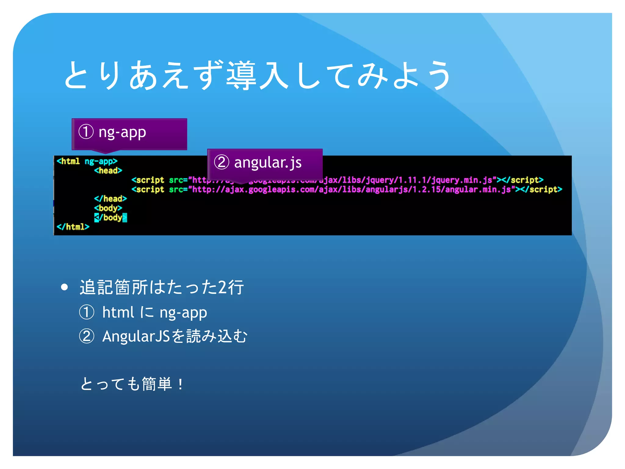 とりあえず導入してみよう  追記箇所はたった2行 ① html に ng-app ② AngularJSを読み込む とっても簡単！ ① ng-app ② angular.js 