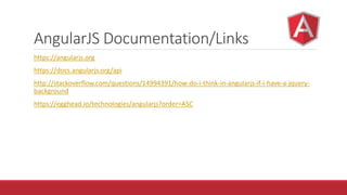 AngularJS Documentation/Links
https://angularjs.org
https://docs.angularjs.org/api
http://stackoverflow.com/questions/14994391/how-do-i-think-in-angularjs-if-i-have-a-jquery-
background
https://egghead.io/technologies/angularjs?order=ASC
 