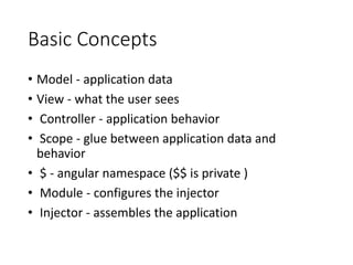 Basic Concepts
• Model - application data
• View - what the user sees
• Controller - application behavior
• Scope - glue between application data and
behavior
• $ - angular namespace ($$ is private )
• Module - configures the injector
• Injector - assembles the application
 