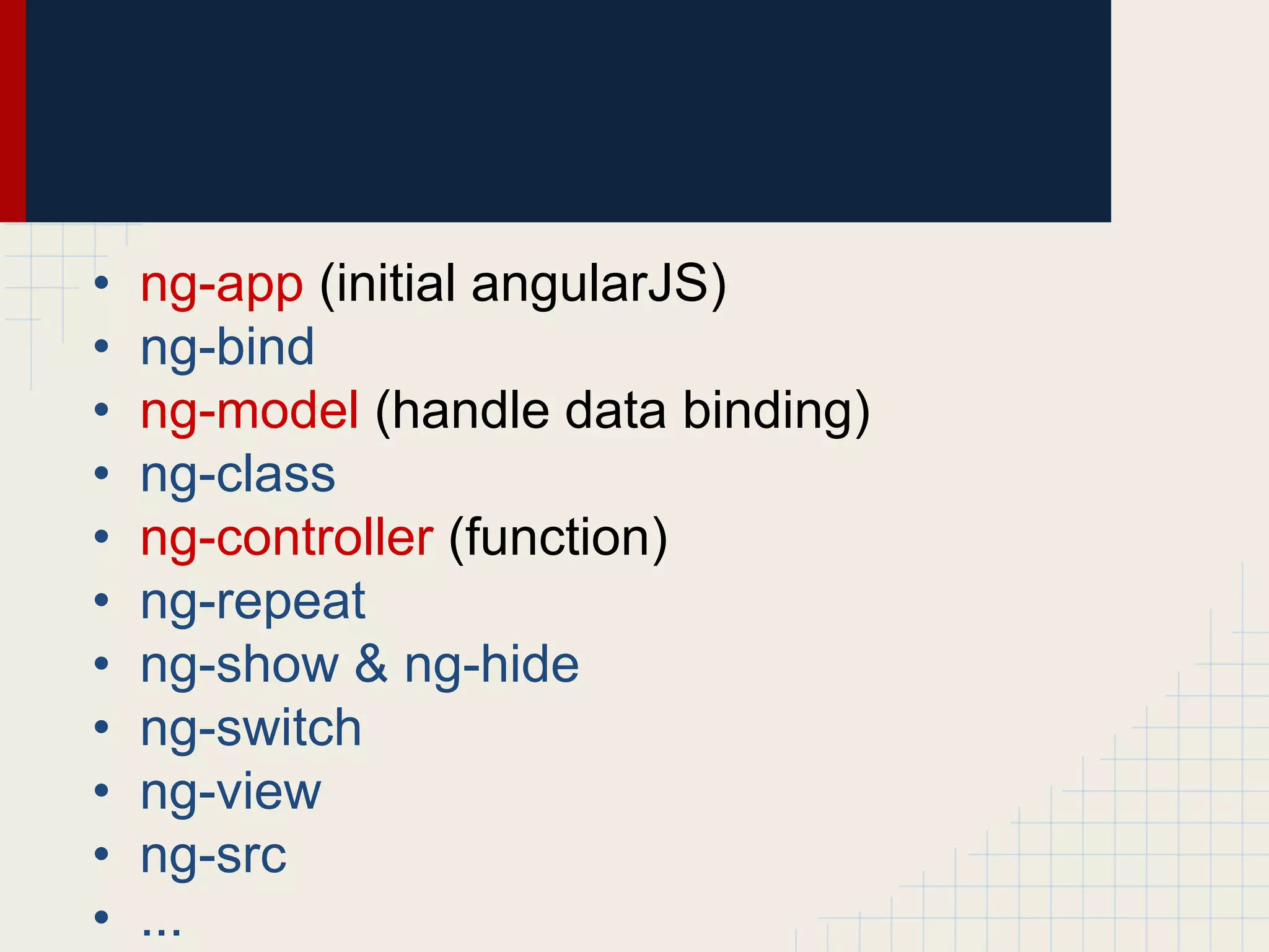 • ng-app (initial angularJS)
• ng-bind
• ng-model (handle data binding)
• ng-class
• ng-controller (function)
• ng-repeat
• ng-show & ng-hide
• ng-switch
• ng-view
• ng-src
• ...