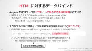 • AngularJSではデータをHTMLとして出力する手段が制限されている
- HTMLを出力できるのはng-bind-htmlと<iframe srcdoc>のみ
- その他のデータバインドはデータをテキスト値として出力する
- 例：ng-bind, <div>{{expression}}</div>
HTMLに対するデータバインド
14
• スクリプトの実行可能なHTML要素や属性は除去される(サニタイズ)
- 内部処理に$sanitizeを使うのでngSanitizeモジュールをDIする必要がある
- スクリプトが実行される危険性のあるHTML要素や属性は削除される
- 例：<script>alert(‘XSS’);</script><b>Hello</b> World
危険な要素は除去される
var app = angular.module('myApp', ['ngSanitize'] );
※ngSanitizeモジュールをDIしないとunsafeエラーが発生します
https://docs.angularjs.org/#!/error/$sce/unsafe
 