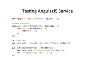 Test 
Driven 
Design 
• Write 
tests 
firsts, 
then 
your 
code 
• AngularJS 
emphasizes 
modularity, 
so 
it 
can 
be 
ea...