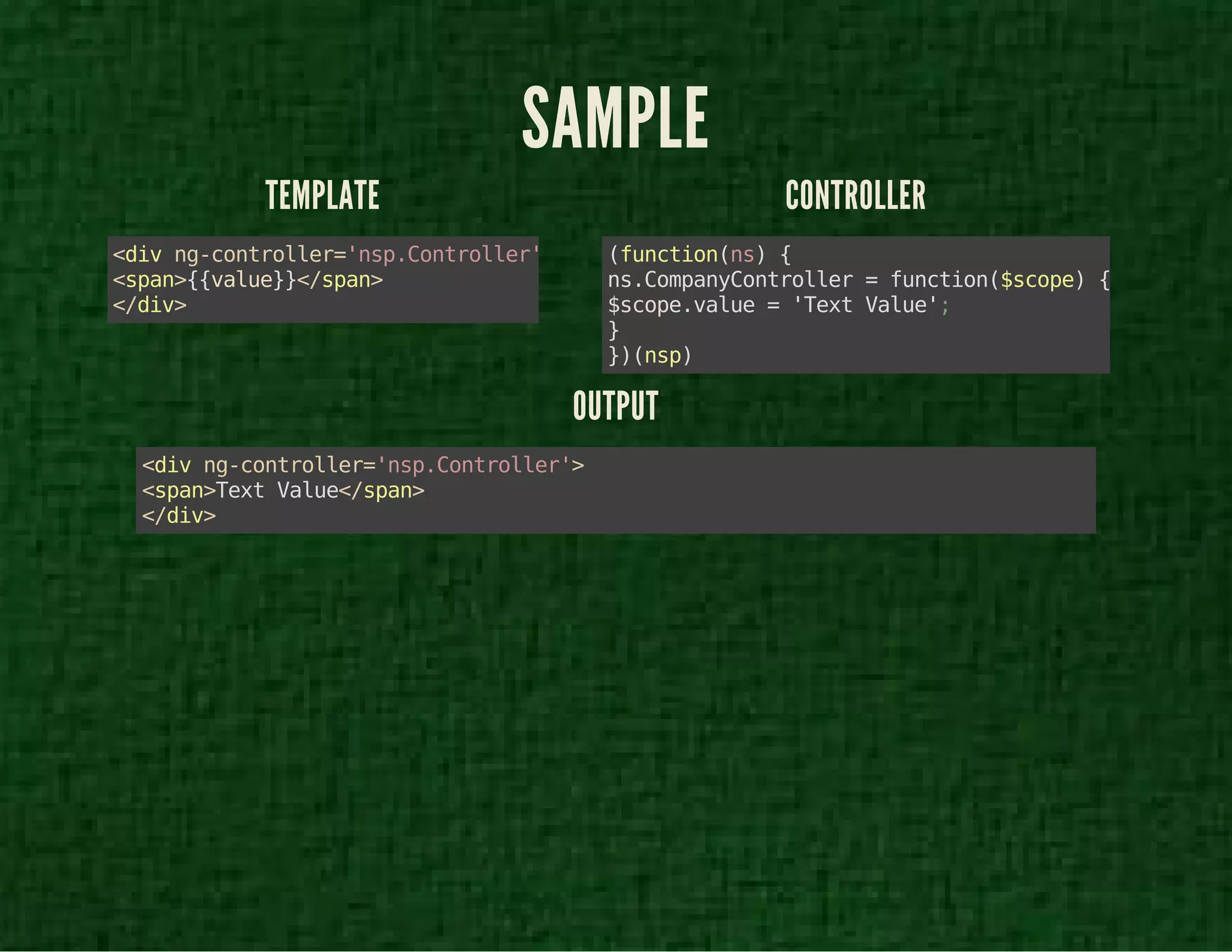 SAMPLE 
TEMPLATE 
<div ng-controller='nsp.Controller'> 
<span>{{value}}</span> 
</div> 
CONTROLLER 
(function(ns) { 
ns.CompanyController = function($scope) { 
$scope.value = 'Text Value'; 
} })(nsp) 
OUTPUT 
<div ng-controller='nsp.Controller'> 
<span>Text Value</span> 
</div> 
 
