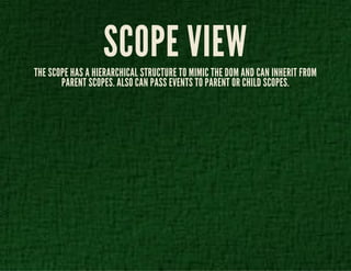 SCOPE VIEW 
THE SCOPE HAS A HIERARCHICAL STRUCTURE TO MIMIC THE DOM AND CAN INHERIT FROM 
PARENT SCOPES. ALSO CAN PASS EVENTS TO PARENT OR CHILD SCOPES. 
 
