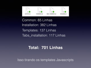 Common: 65 Linhas
Installation: 382 Linhas
Templates: 137 Linhas
Tabs_installation: 117 Linhas
Total: 701 Linhas
Isso tirando os templates Javascripts
 