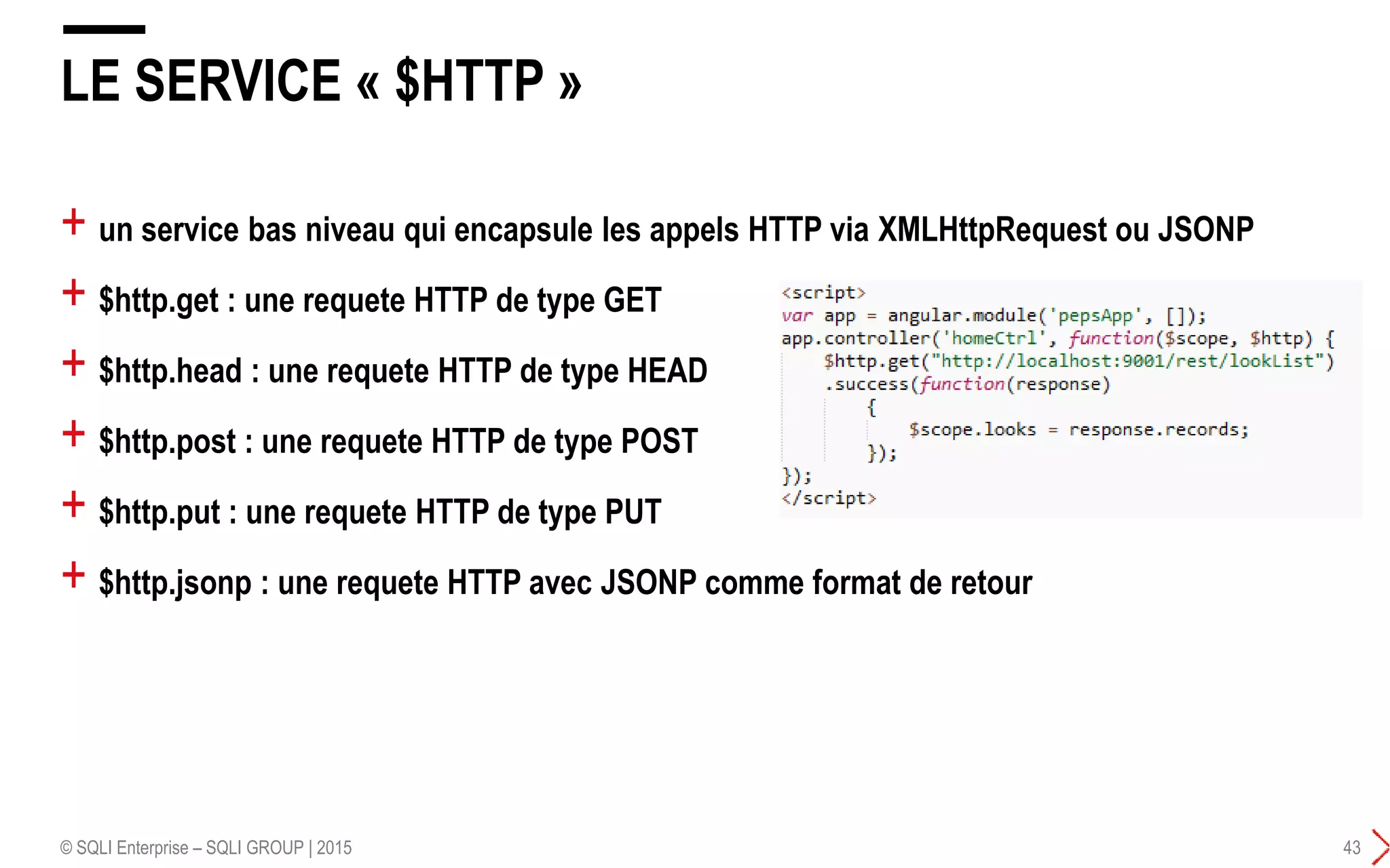 + un service bas niveau qui encapsule les appels HTTP via XMLHttpRequest ou JSONP
+ $http.get : une requete HTTP de type GET
+ $http.head : une requete HTTP de type HEAD
+ $http.post : une requete HTTP de type POST
+ $http.put : une requete HTTP de type PUT
+ $http.jsonp : une requete HTTP avec JSONP comme format de retour
LE SERVICE « $HTTP »
© SQLI Enterprise – SQLI GROUP | 2015 43
 