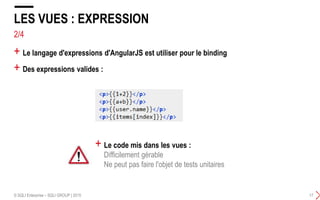 + Le langage d'expressions d'AngularJS est utiliser pour le binding
+ Des expressions valides :
LES VUES : EXPRESSION
© SQLI Enterprise – SQLI GROUP | 2015 17
+ Le code mis dans les vues :
Difficilement gérable
Ne peut pas faire l'objet de tests unitaires
2/4
 