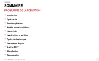 PROGRAMME DE LA FORMATION
+ Introduction
+ Cycle de vie
+ Principes généraux
+ Modèle, vues et contrôleurs
+ Les modules
+ Les directives et les filtres
+ Cycles de vie et scopes
+ Les services Angular
+ AJAX et REST
+ Aller plus loin
+ Démonstration
SOMMAIRE
© SQLI Enterprise – SQLI GROUP | 2015 2
 