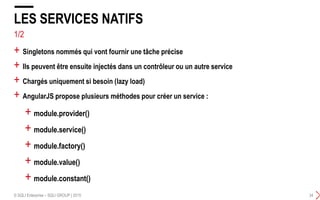 LES SERVICES NATIFS
© SQLI Enterprise – SQLI GROUP | 2015 34
+ Singletons nommés qui vont fournir une tâche précise
+ Ils peuvent être ensuite injectés dans un contrôleur ou un autre service
+ Chargés uniquement si besoin (lazy load)
+ AngularJS propose plusieurs méthodes pour créer un service :
+ module.provider()
+ module.service()
+ module.factory()
+ module.value()
+ module.constant()
1/2
 