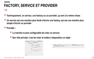 1/3
+ Techniquement, un service, une factory ou un provider, ça sert à la même chose
+ Un service est une manière plus facile d’écrire une factory, qui est une manière plus
simple d’écrire un provider
+ Provider :
FACTORY, SERVICE ET PROVIDER
© SQLI Enterprise – SQLI GROUP | 2015 36
+ La manière la plus configurable de créer un service
+ Son rôle principl, c’est de créer et mettre à disposition un objet
 
