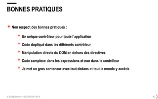 BONNES PRATIQUES
© SQLI Enterprise – SQLI GROUP | 2015 50
+ Un unique contrôleur pour toute l’application
+ Code dupliqué dans les différents contrôleur
+ Manipulation directe du DOM en dehors des directives
+ Code complexe dans les expressions et non dans le contrôleur
+ Je met un gros conteneur avec tout dedans et tout le monde y accède
+ Non respect des bonnes pratiques :
 