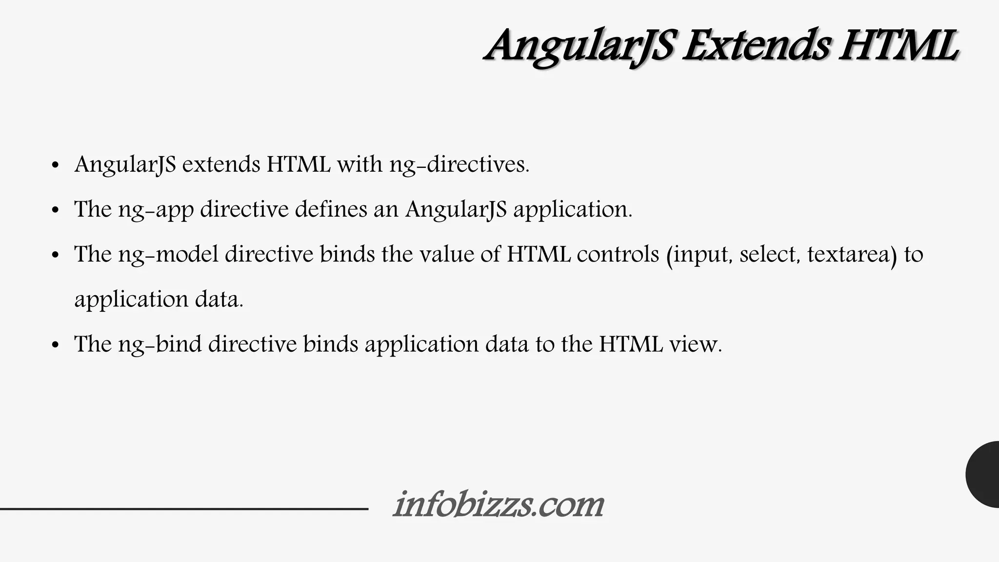 infobizzs.com
AngularJS Extends HTML
• AngularJS extends HTML with ng-directives.
• The ng-app directive defines an AngularJS application.
• The ng-model directive binds the value of HTML controls (input, select, textarea) to
application data.
• The ng-bind directive binds application data to the HTML view.
 