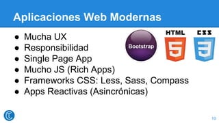 Aplicaciones Web Modernas
● Mucha UX
● Responsibilidad
● Single Page App
● Mucho JS (Rich Apps)
● Frameworks CSS: Less, Sass, Compass
● Apps Reactivas (Asincrónicas)
10
 