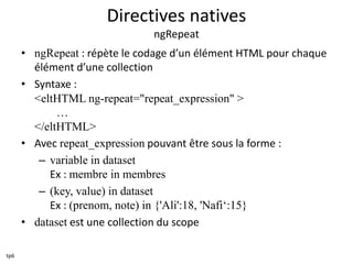 Directives natives
ngRepeat
• ngRepeat : répète le codage d’un élément HTML pour chaque
élément d’une collection
• Syntaxe :
<eltHTML ng-repeat="repeat_expression" >
…
</eltHTML>
• Avec repeat_expression pouvant être sous la forme :
– variable in dataset
Ex : membre in membres
– (key, value) in dataset
Ex : (prenom, note) in {'Ali':18, 'Nafi‘:15}
• dataset est une collection du scope
tp6
 