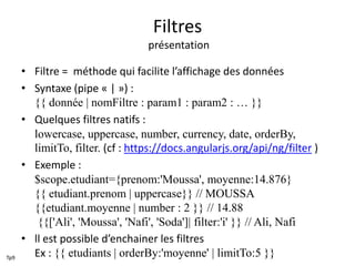 Filtres
présentation
• Filtre = méthode qui facilite l’affichage des données
• Syntaxe (pipe « | ») :
{{ donnée | nomFiltre : param1 : param2 : … }}
• Quelques filtres natifs :
lowercase, uppercase, number, currency, date, orderBy,
limitTo, filter. (cf : https://docs.angularjs.org/api/ng/filter )
• Exemple :
$scope.etudiant={prenom:'Moussa', moyenne:14.876}
{{ etudiant.prenom | uppercase}} // MOUSSA
{{etudiant.moyenne | number : 2 }} // 14.88
{{['Ali', 'Moussa', 'Nafi', 'Soda']| filter:'i' }} // Ali, Nafi
• ll est possible d’enchainer les filtres
Ex : {{ etudiants | orderBy:'moyenne' | limitTo:5 }}Tp9
 