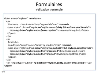Formulaires
validation : exemple
<form name="myForm" novalidate>
<p>
Username : <input name="user" ng-model="user" required>
<span style="color:red" ng-show="myForm.user.$dirty && myForm.user.$invalid">
<span ng-show="myForm.user.$error.required">Username is required.</span>
</span>
</p>
<p>
Email:<br>
<input type="email" name="email" ng-model="email" required>
<span style="color:red" ng-show="myForm.email.$dirty && myForm.email.$invalid">
<span ng-show="myForm.email.$error.required">Email is required.</span>
<span ng-show="myForm.email.$error.email">Invalid email address.</span>
</span>
</p>
<p> <input type="submit" ng-disabled="myForm.$dirty && myForm.$invalid"> </p>
</form>
Tp12
 