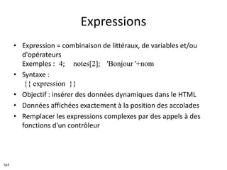 Expressions
• Expression = combinaison de littéraux, de variables et/ou
d'opérateurs
Exemples : 4; notes[2]; 'Bonjour '+nom
• Syntaxe :
{{ expression }}
• Objectif : insérer des données dynamiques dans le HTML
• Données affichées exactement à la position des accolades
• Remplacer les expressions complexes par des appels à des
fonctions d'un contrôleur
tp3
 