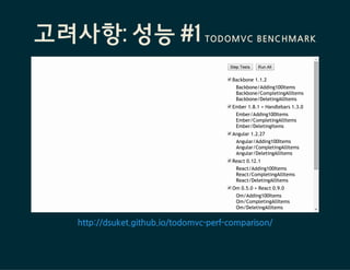 고려사항: 성능 #1 TODOMVCBENCHMARK
StepTests RunAll
Backbone 1.1.2
Backbone/Adding100Items
Backbone/CompletingAllItems
Backbone/DeletingAllItems
Ember 1.8.1 + Handlebars 1.3.0
Ember/Adding100Items
Ember/CompletingAllItems
Ember/DeletingItems
Angular 1.2.27
Angular/Adding100Items
Angular/CompletingAllItems
Angular/DeletingAllItems
React 0.12.1
React/Adding100Items
React/CompletingAllItems
React/DeletingAllItems
Om 0.5.0 + React 0.9.0
Om/Adding100Items
Om/CompletingAllItems
Om/DeletingAllItems
http://dsuket.github.io/todomvc-perf-comparison/
 