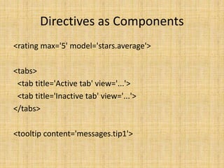 Directives as Components
<rating max='5' model='stars.average'>
<tabs>
<tab title='Active tab' view='...'>
<tab title='Inactive tab' view='...'>
</tabs>
<tooltip content='messages.tip1'>
 