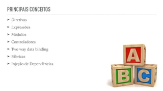 PRINCIPAIS CONCEITOS
➤ Diretivas
➤ Expressões
➤ Módulos
➤ Controladores
➤ Two way data binding
➤ Fábricas
➤ Injeção de Dependências
 