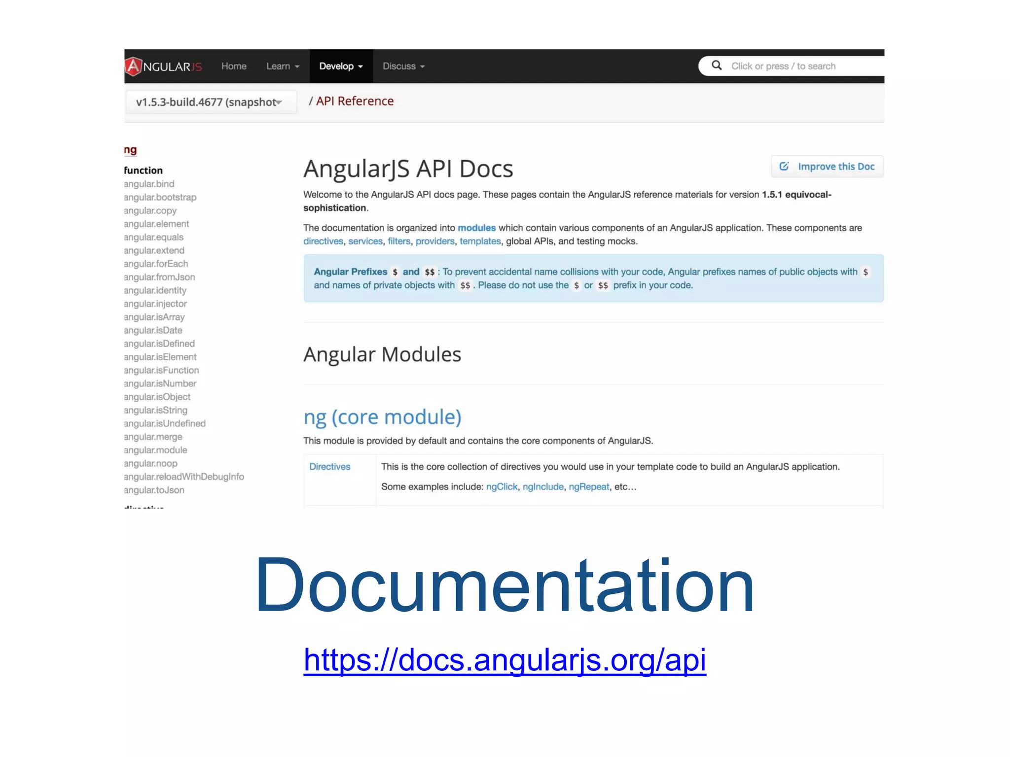 Documentation https://docs.angularjs.org/api 